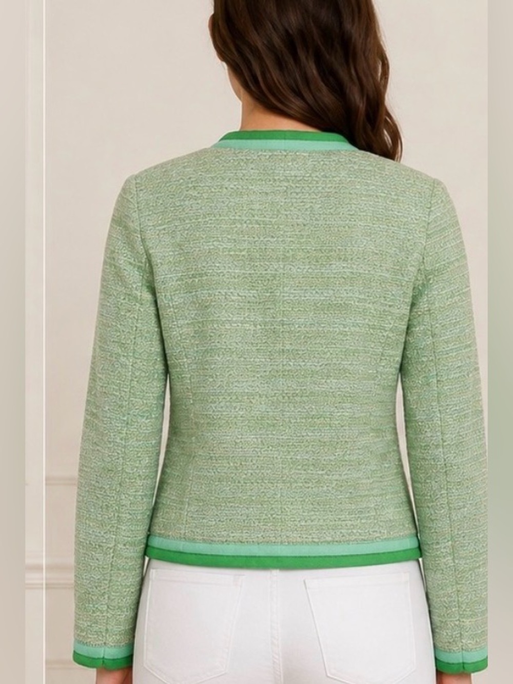 J. Crew Light Green Tweed Jacket with Bright Green Trim - Picture 2 of 10